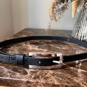 Black Leather Belt with Large Silver Buckle